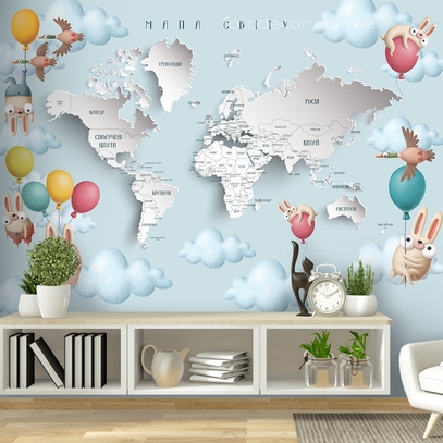 Фотообои для стен Карта мира 3д с зайцами от студии интерьерного декора Fotodecor
