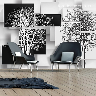 Фотообои для стен 3д Квадраты и деревья от студии интерьерного декора Fotodecor