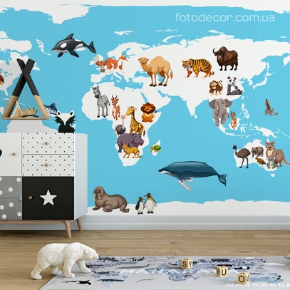 Фотообои для стен Карта мира Животные от студии интерьерного декора Fotodecor