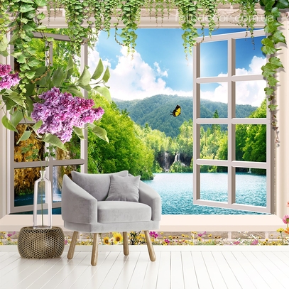 Фотообои для стен Окно на озеро от студии интерьерного декора Fotodecor