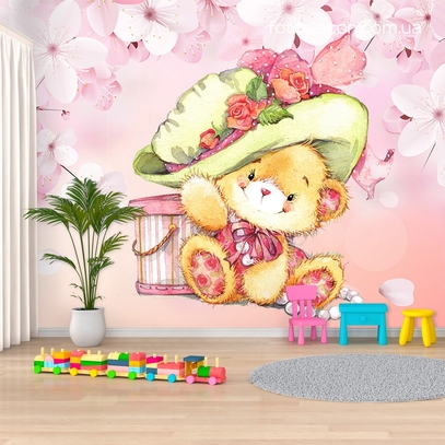 Фотообои для стен Мишка в шляпке от студии интерьерного декора Fotodecor