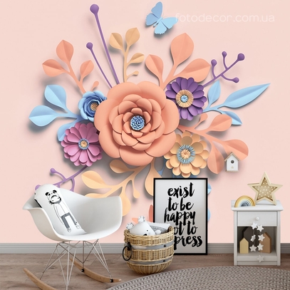 Фотообои для стен Бумажные цветы 3д от студии интерьерного декора Fotodecor