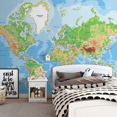 Фотообои для стен Физическая карта мира от студии интерьерного декора Fotodecor