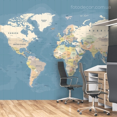 Фотообои для стен Карта мира в синих тонах от студии интерьерного декора Fotodecor