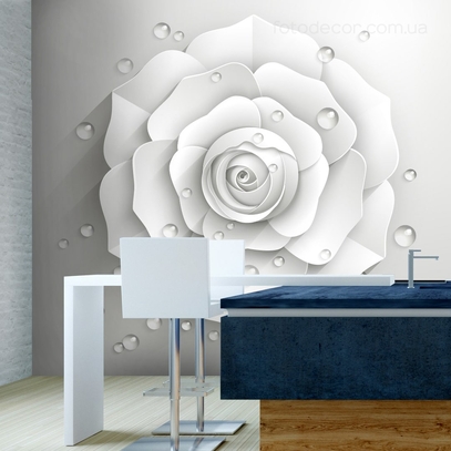 Фотообои для стен 3д роза и капли росы от студии интерьерного декора Fotodecor