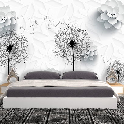 Фотообои для стен Одуванчики и 3д цветы от студии интерьерного декора Fotodecor
