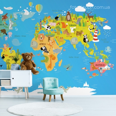Фотообои для стен Карта мира для детей от студии интерьерного декора Fotodecor