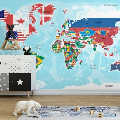 Фотообои для стен Карта мира из флагов от студии интерьерного декора Fotodecor