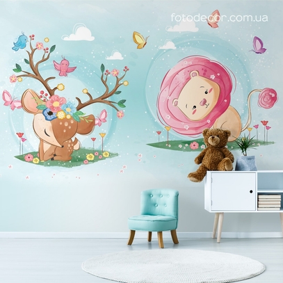 Фотообои для стен Львёнок и оленёнок от студии интерьерного декора Fotodecor