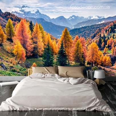 Фотообои для стен Осенний лес в горах от студии интерьерного декора Fotodecor