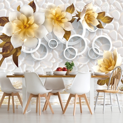 Фотообои для стен Ветка с 3д цветами от студии интерьерного декора Fotodecor