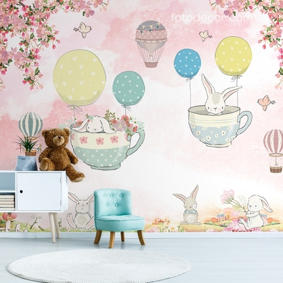 Фотообои для стен Зайки с шариками от студии интерьерного декора Fotodecor