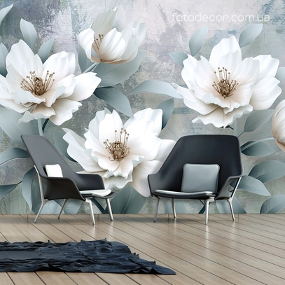 Фотообои для стен Белые 3д цветы от студии интерьерного декора Fotodecor