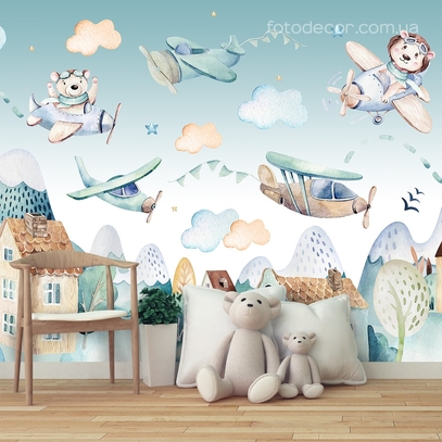 Фотообои для стен Мишки на самолетиках от студии интерьерного декора Fotodecor