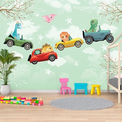 Фотообои для стен Машинки и динозаврики от студии интерьерного декора Fotodecor