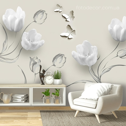 Фотообои для стен Белые 3д тюльпаны от студии интерьерного декора Fotodecor