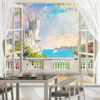 Фотообои для стен Окно с видом на замок от студии интерьерного декора Fotodecor