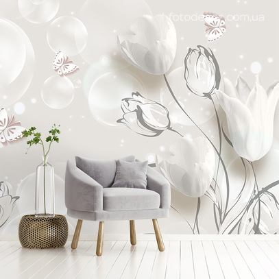 Фотообои для стен Белые тюльпаны 3д от студии интерьерного декора Fotodecor