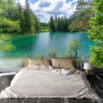 Фотообои для стен Зеленое озеро в Австрии от студии интерьерного декора Fotodecor