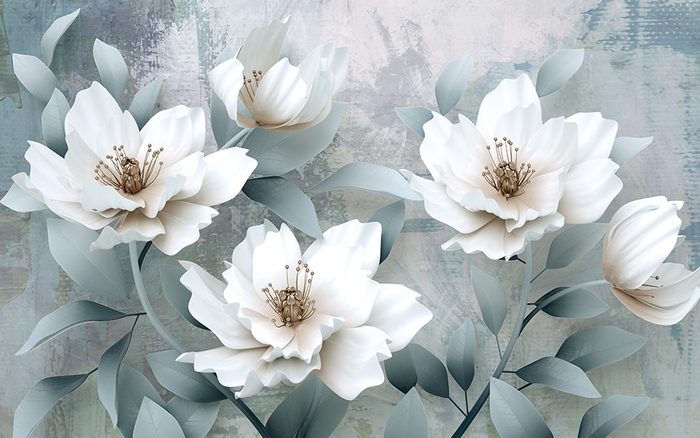 Фотообои на стену Белые 3д цветы выбрать в магазине Fotodecor