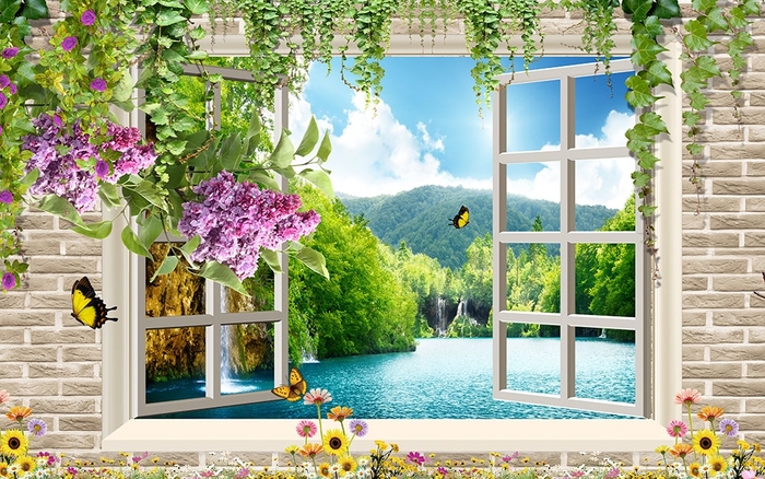 Фотообои на стену Окно на озеро выбрать в магазине Fotodecor
